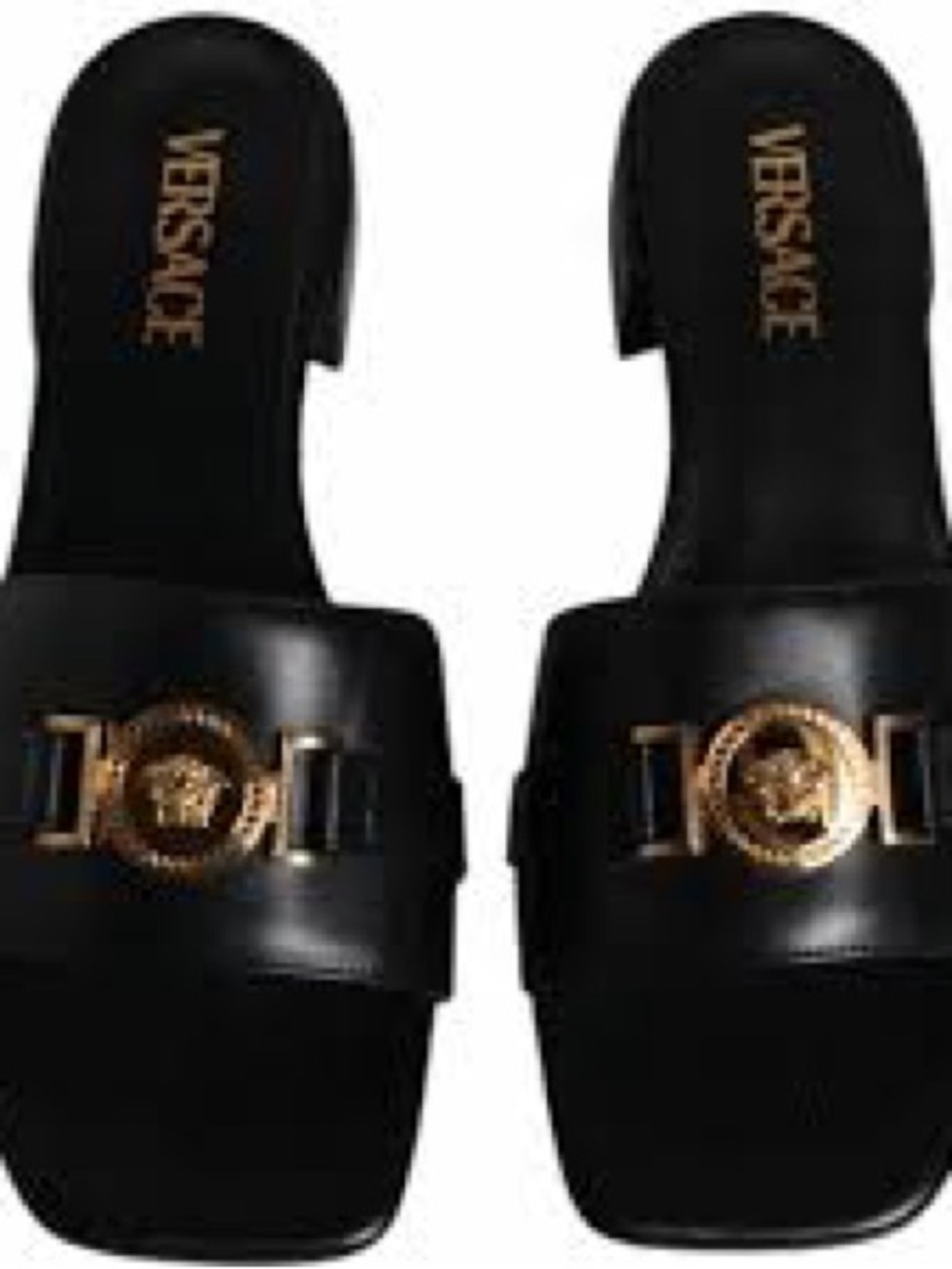 Versace Black Leather Slide Sandals with Gold Medallion